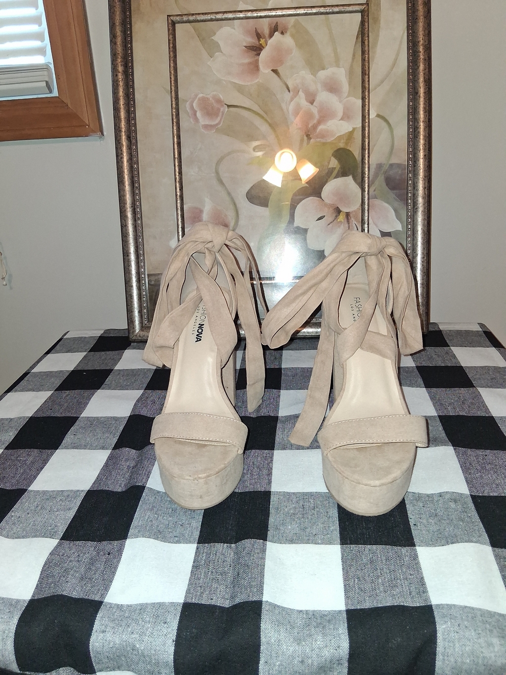 Fashion Nova Beige Suede Platform Sandals with Ankle Wraps